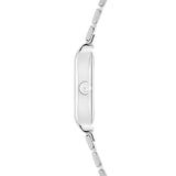 Seitenansicht der Tamaris Armbanduhr - The Square Retro Strap, einer schlanken silbernen Tamaris Uhr mit quadratischem Gehäuse, Metallgliederband und sichtbarer Krone.