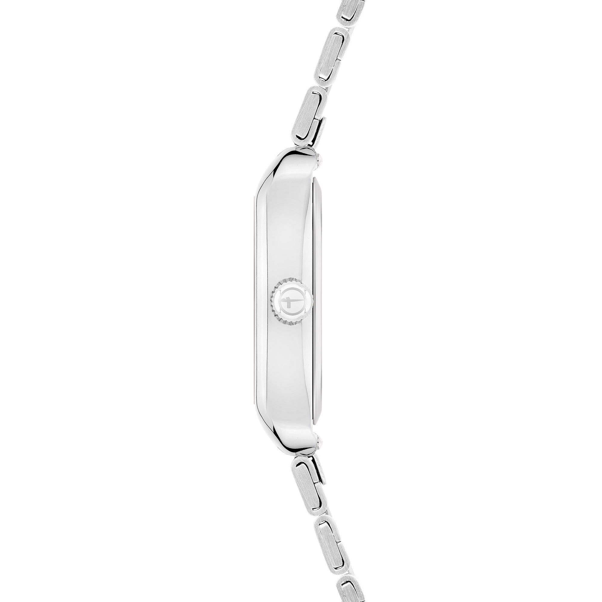 Seitenansicht der Tamaris Armbanduhr - The Square Retro Strap, einer schlanken silbernen Tamaris Uhr mit quadratischem Gehäuse, Metallgliederband und sichtbarer Krone.
