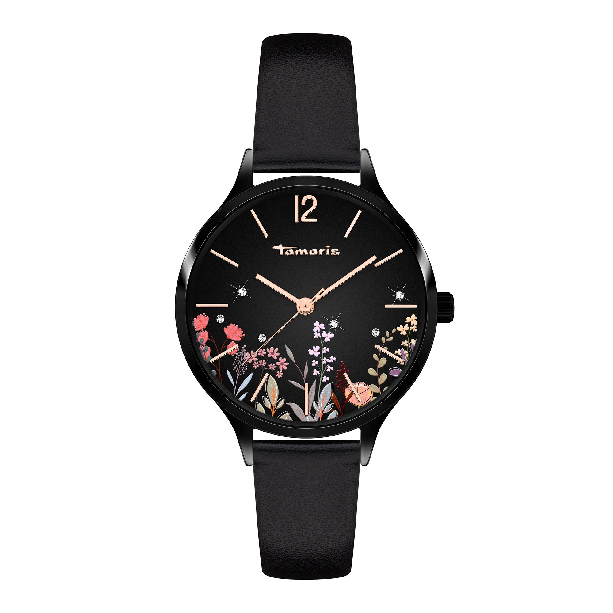 Die Tamaris Armbanduhr - Romantic Flowers besticht mit floralem Zifferblatt, schwarzem Lederarmband und Tamaris Logo - eine elegante Damenuhr für stilbewusste Trägerinnen.