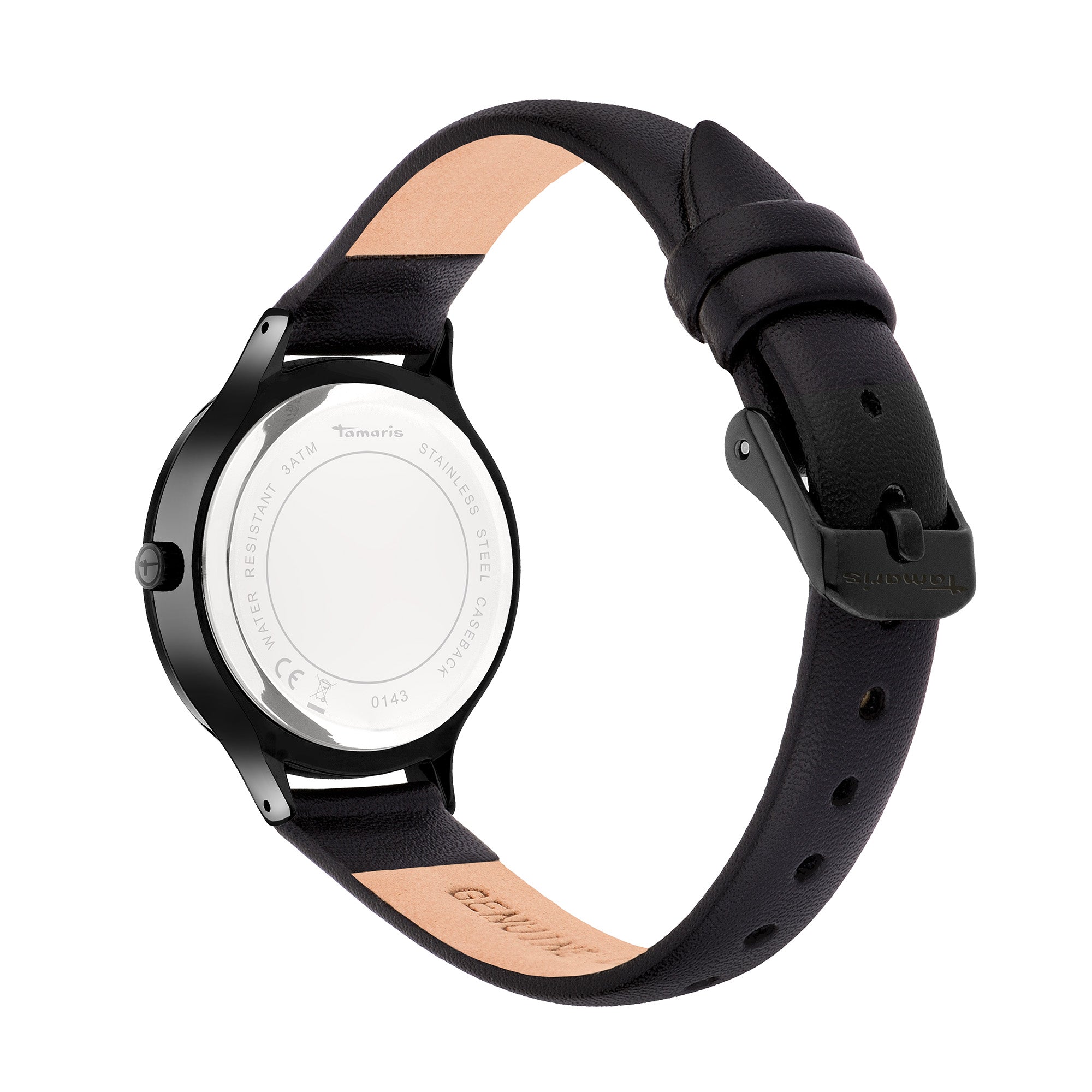 Die Tamaris Armbanduhr - Romantic Flowers, von hinten gesehen, hebt ihr Edelstahlgehäuse und die Schließe hervor.