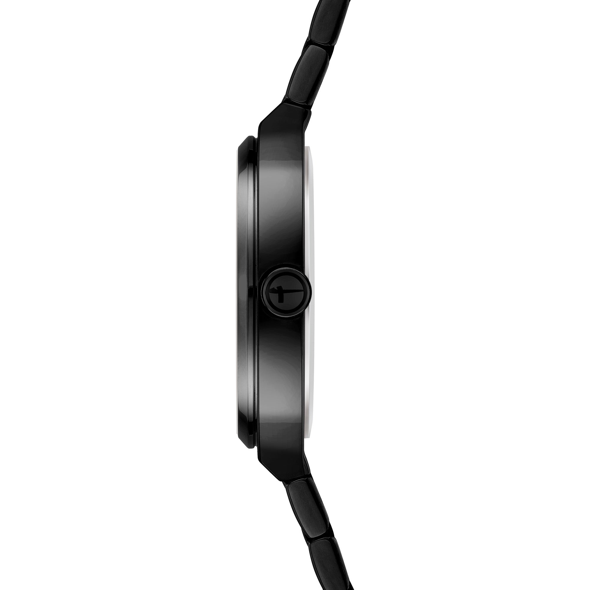 Seitenansicht der Tamaris Armbanduhr - The Round Basic Essential, eine schlichte schwarze Uhr mit rundem Zifferblatt und Edelstahlband von Tamaris, die zeitlose Eleganz ausstrahlt.