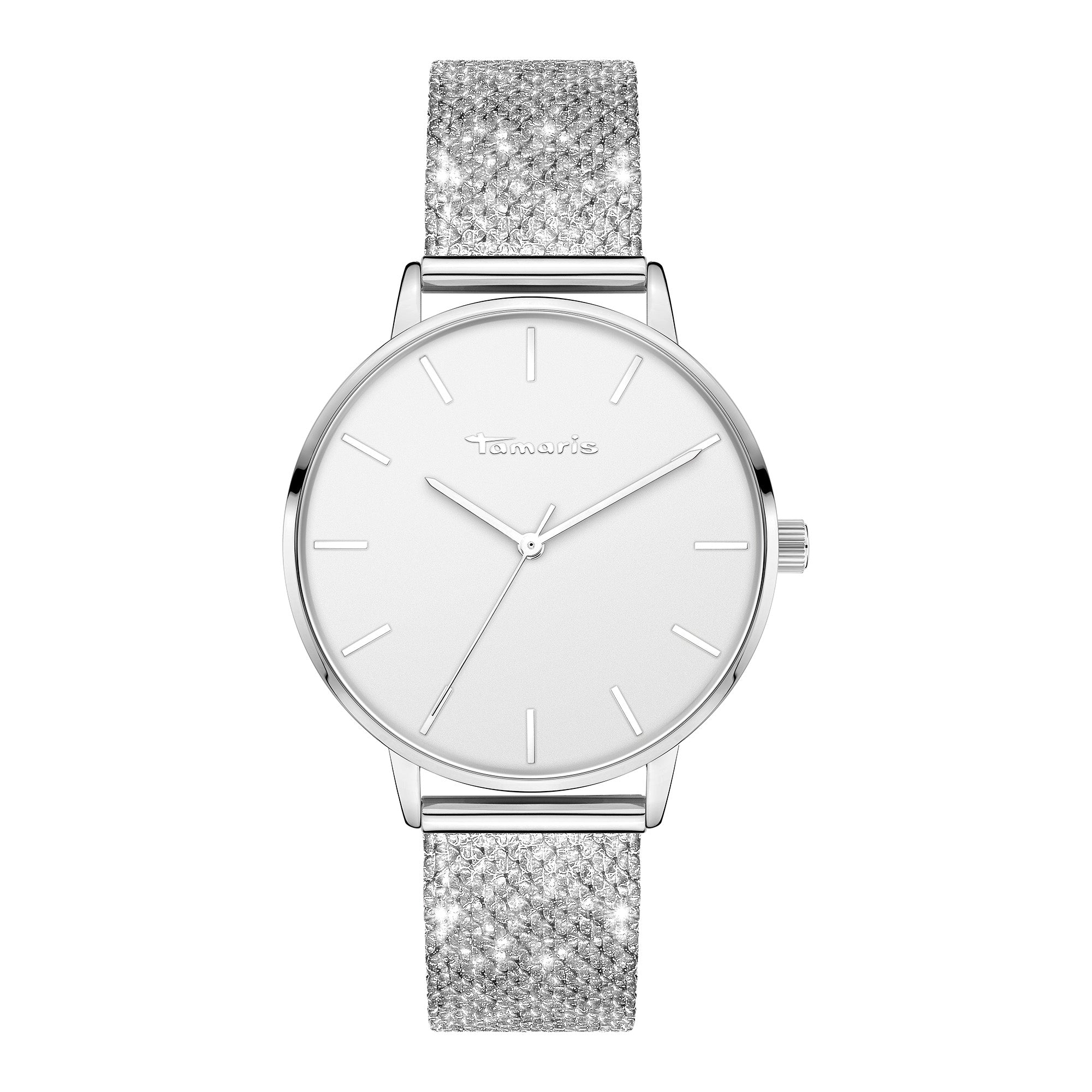 Die Tamaris Armbanduhr - Sparkle Up von Tamaris hat ein elegantes, minimalistisches weißes Zifferblatt und ein mit Strasssteinen besetztes Netzarmband für einen funkelnden, stilvollen Look.