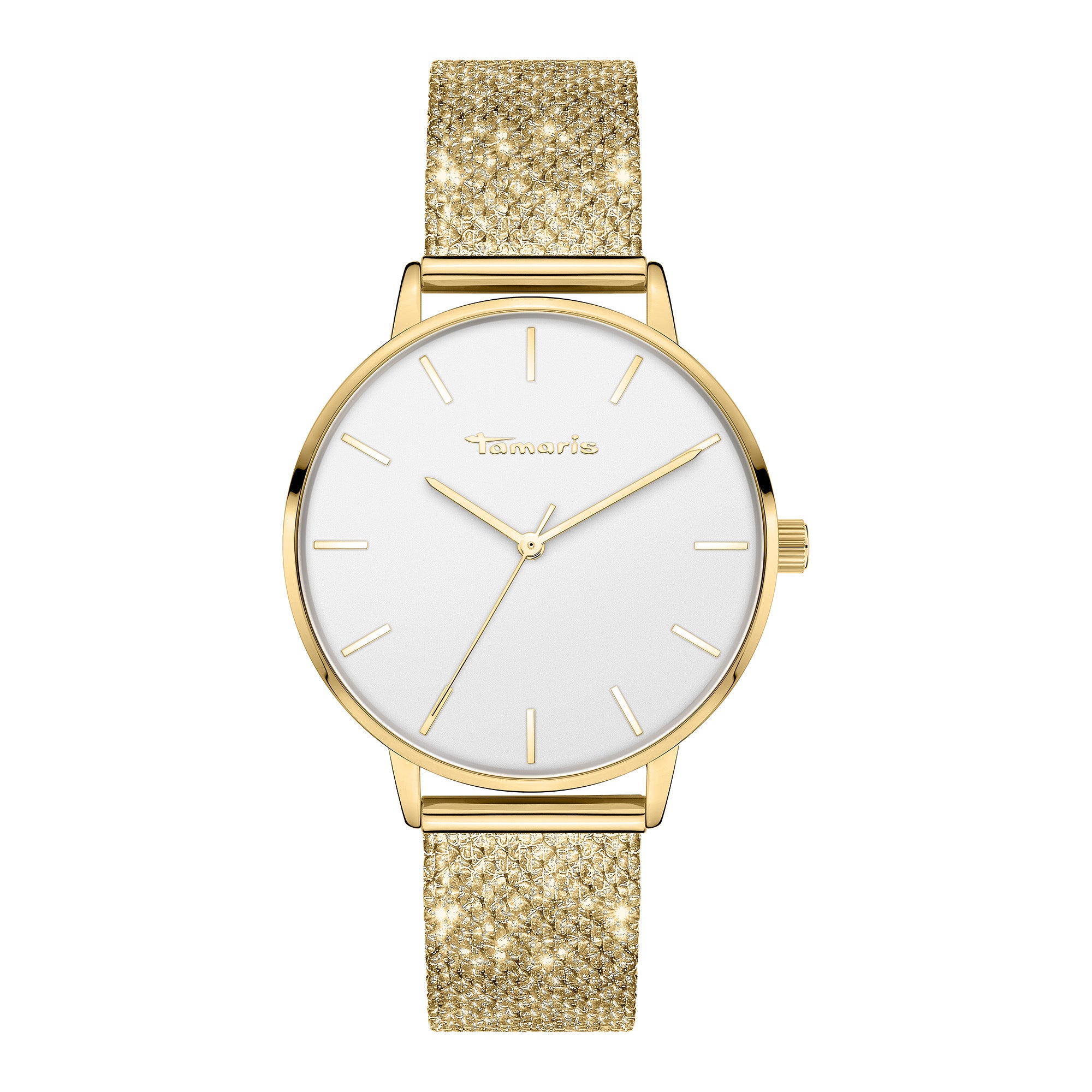 Die Tamaris Armbanduhr - Sparkle Up von Tamaris ist eine goldene Armbanduhr mit weißem Zifferblatt, minimalen goldenen Indexen und einem glitzernden, goldenen, strukturierten Netzband für ein elegantes Design.