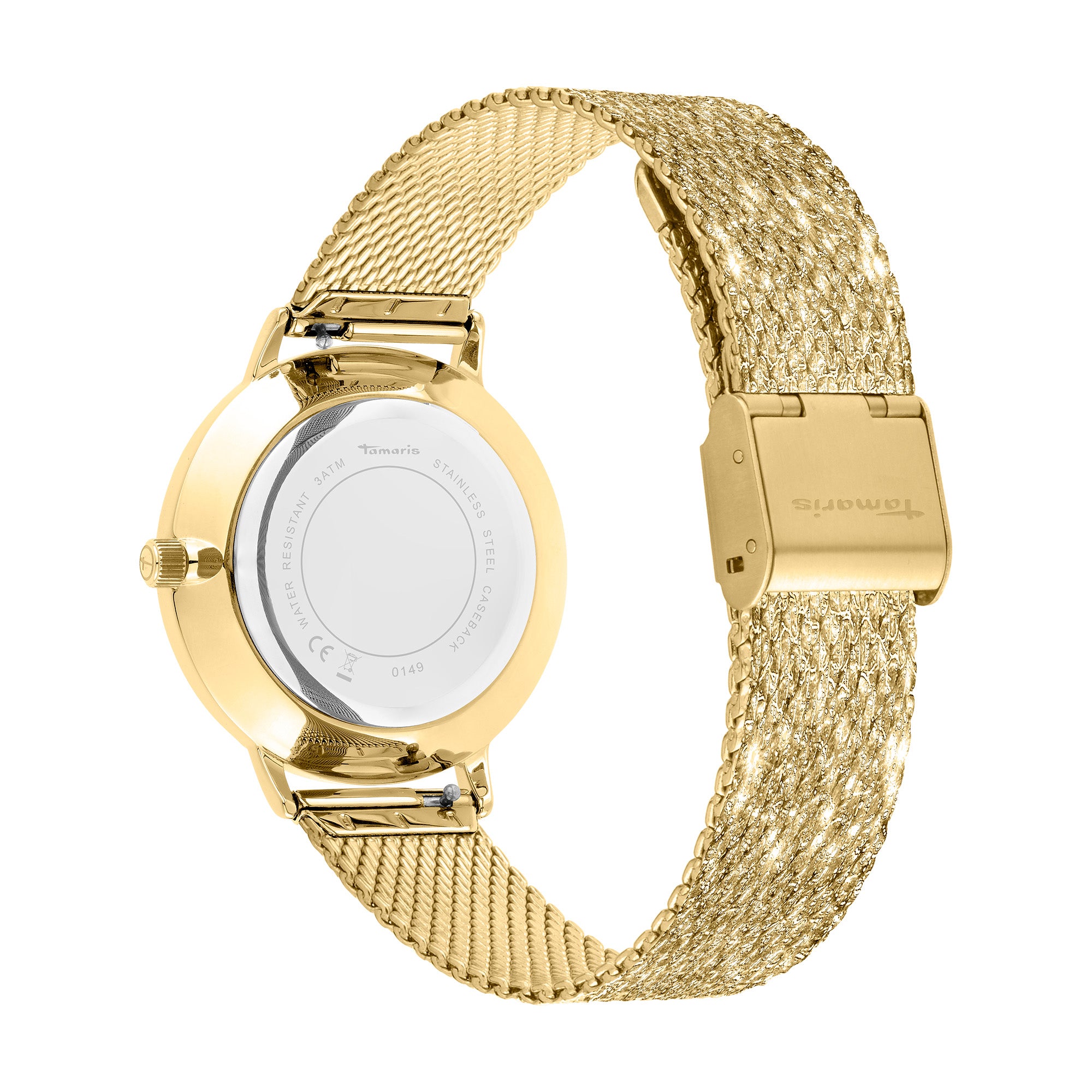 Die Tamaris Armbanduhr - Sparkle Up besticht mit elegantem Design: goldfarben, feines Meshband, sichtbarer Markenname auf der Schließe und spezielle Gehäusedetails.