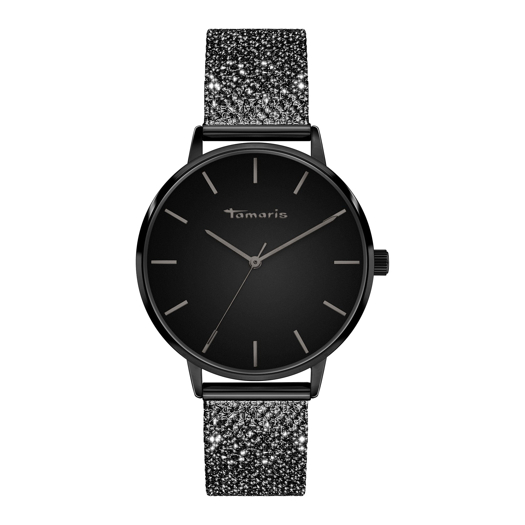 Die Tamaris Armbanduhr - Sparkle Up von Tamaris besticht durch ein elegantes, minimalistisches Design und ein glitzerndes schwarz-silbernes Netzband.