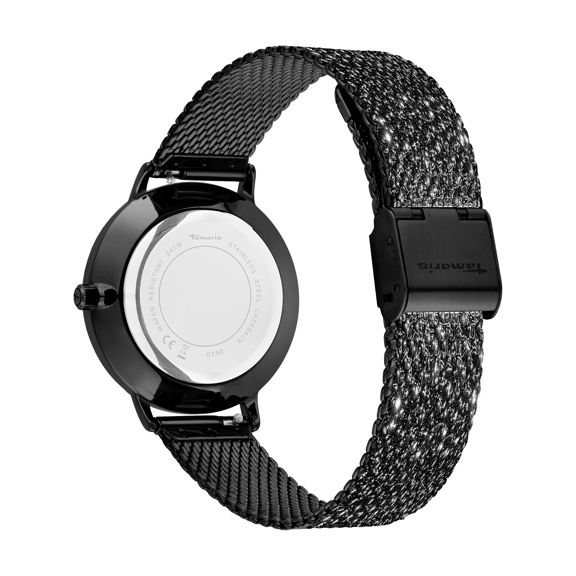 Rückansicht der Tamaris Armbanduhr - Sparkle Up von Tamaris. Das Netzband und das runde Gehäuse unterstreichen ihr elegantes Design.
