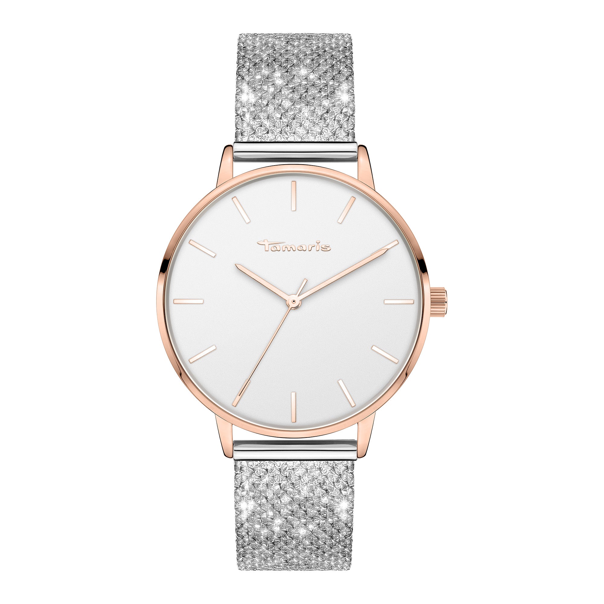 Die Tamaris Armbanduhr - Sparkle Up hat ein silbernes Glitzerarmband, ein weißes Zifferblatt und ein roségoldenes Gehäuse mit passenden Markierungen für einen eleganten Look.