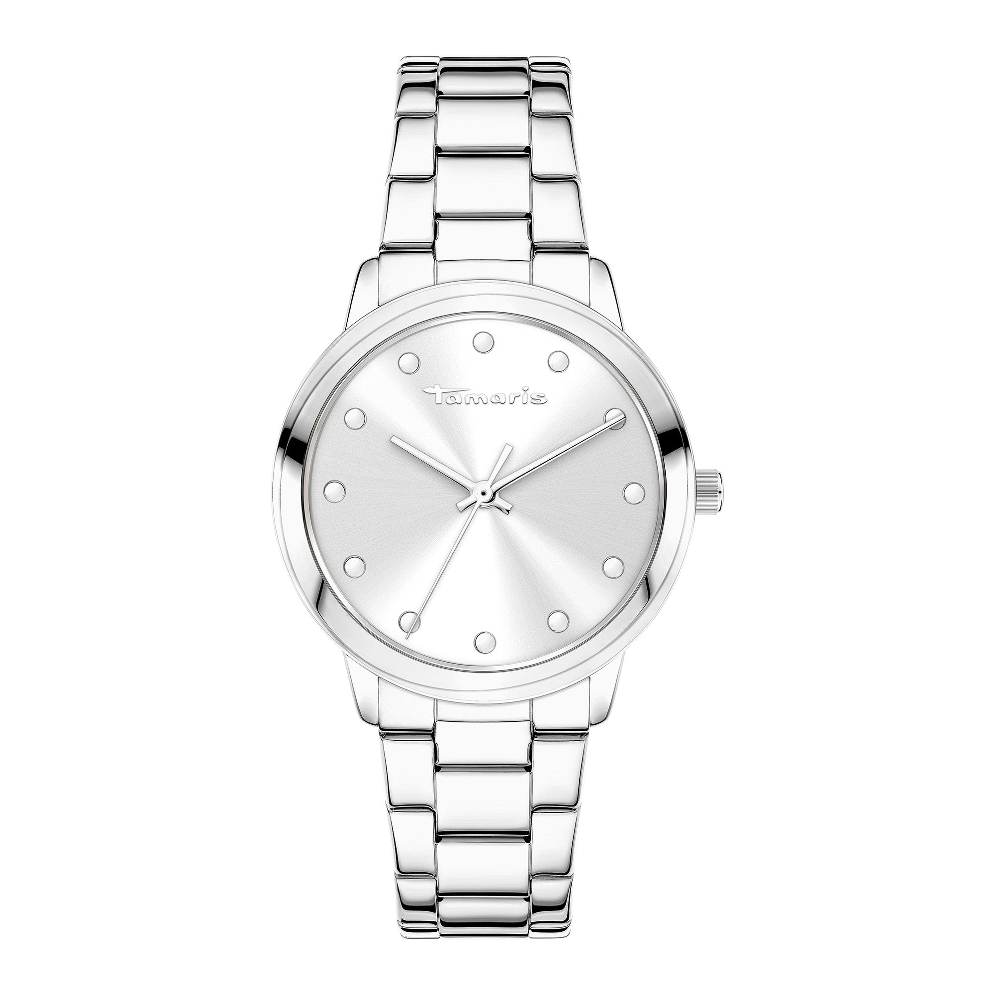 Die Tamaris Armbanduhr - The Elegance zeichnet sich durch ein schlankes Edelstahlband und ein minimalistisches rundes Zifferblatt mit Punktmarkierungen aus, was sie zu einem zeitlosen Accessoire von Tamaris für jeden Anlass macht.