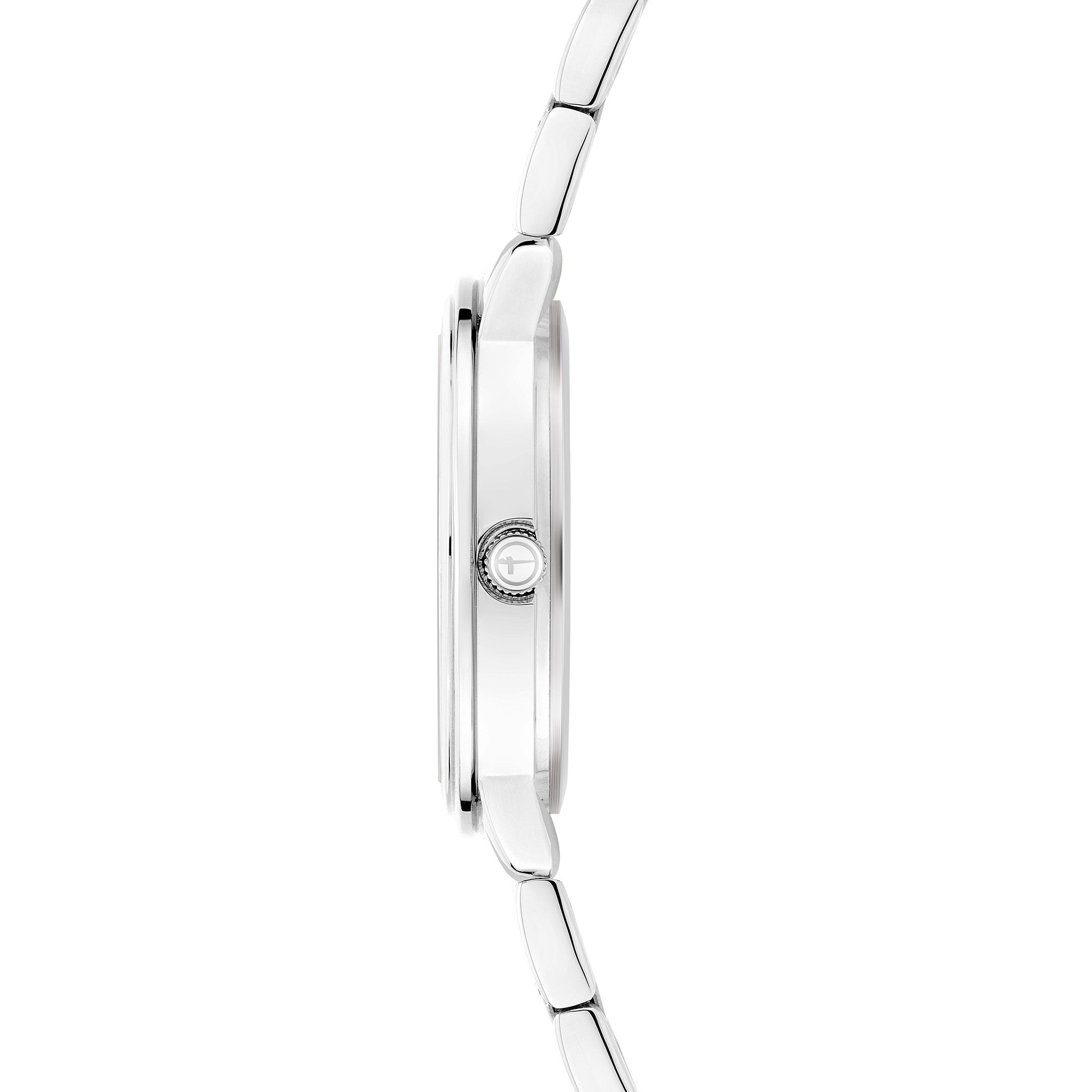Seitenansicht der Tamaris Armbanduhr - The Elegance, eine schlanke Uhr von Tamaris mit rundem Gehäuse, Zirkonia-Akzenten und einem eleganten Edelstahlband.