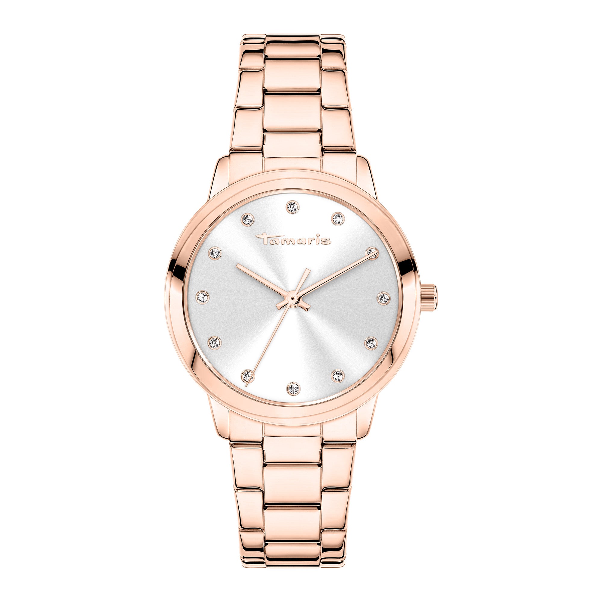 Die Tamaris Armbanduhr - The Elegance verfügt über ein roségoldenes Gehäuse, ein silbernes Zifferblatt, funkelnde Zirkonia-Indizes und ein elegantes Edelstahlarmband.