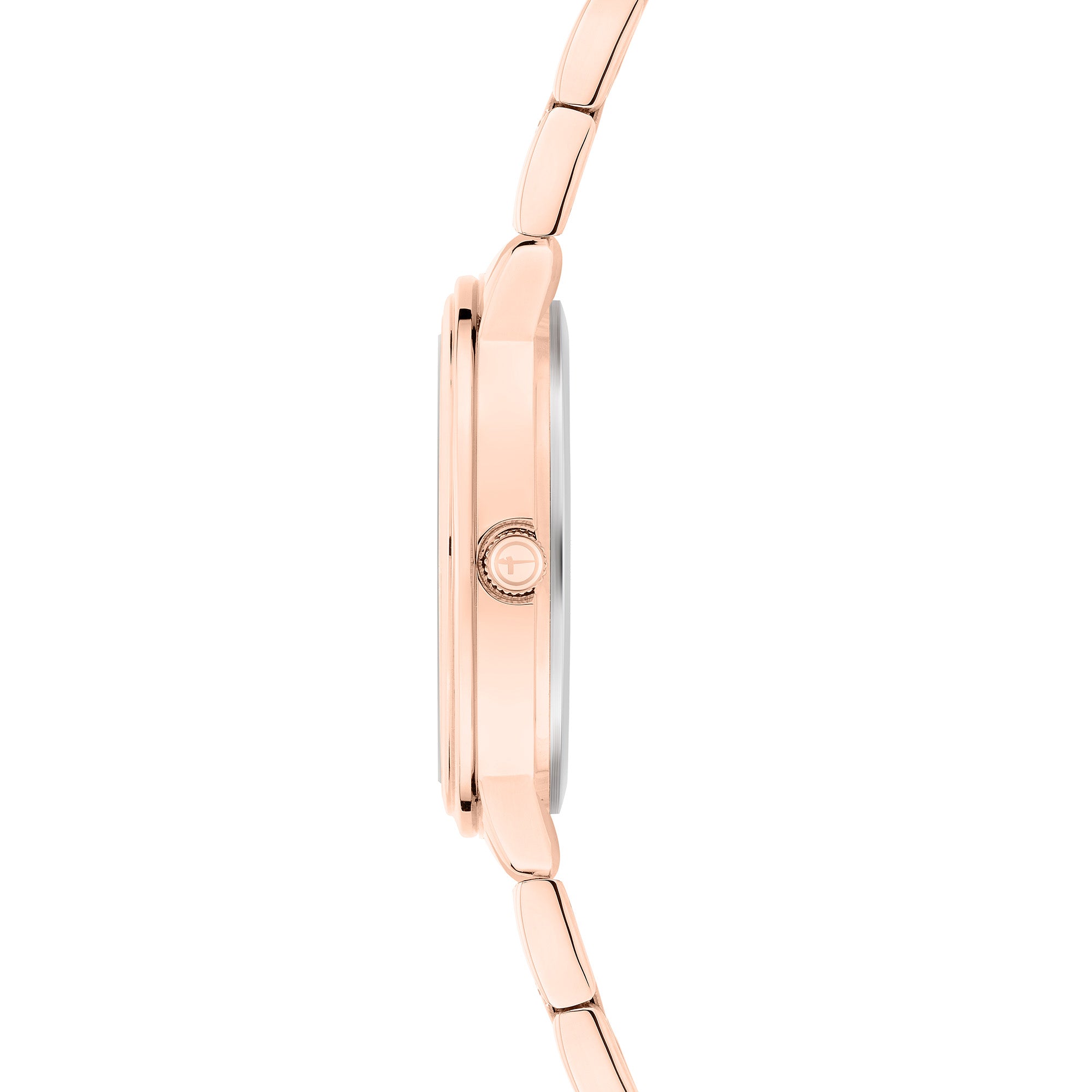 Seitenansicht der schlanken Tamaris Armbanduhr - The Elegance in Roségold, von Tamaris, mit einem Metallglieder-Edelstahlband, runder Krone und funkelnden Zirkonia-Akzenten.
