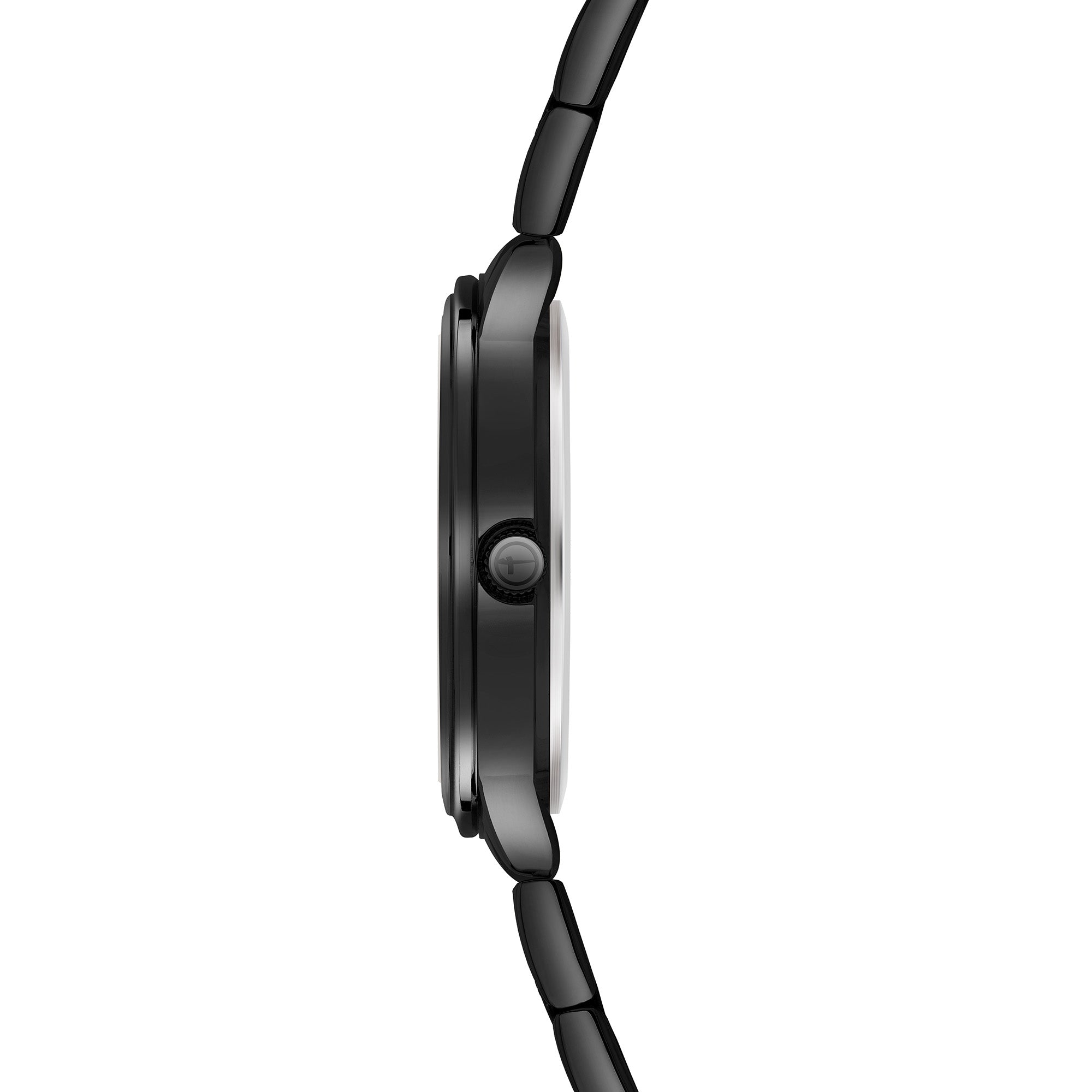 Seitenansicht der Tamaris Armbanduhr - The Elegance by Tamaris, mit rundem Gehäuse und Edelstahlband, das die Krone und das schlanke Profil hervorhebt - ein zeitloses Accessoire für jede Gelegenheit.