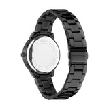 Rückansicht der Tamaris Armbanduhr - Die Elegance präsentiert ein schwarzes Edelstahlband mit Metallgliederdesign und graviertem Gehäuseboden - ein zeitloses Accessoire für jeden Anlass.