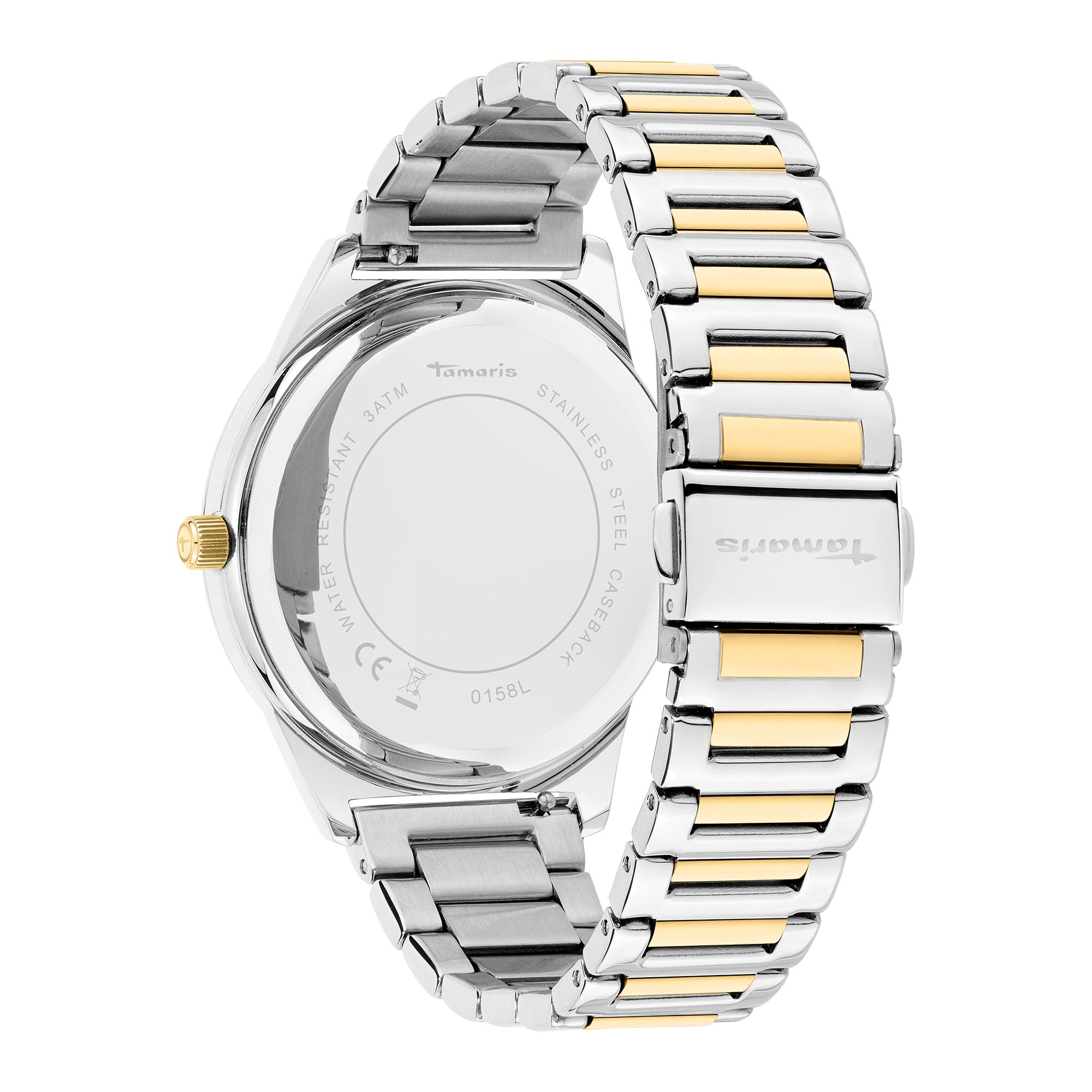 Rückansicht der Tamaris Armbanduhr - Die Vintage Classic zeigt ihr Edelstahlarmband und gravierte Details mit eleganten Silber- und Goldakzenten.