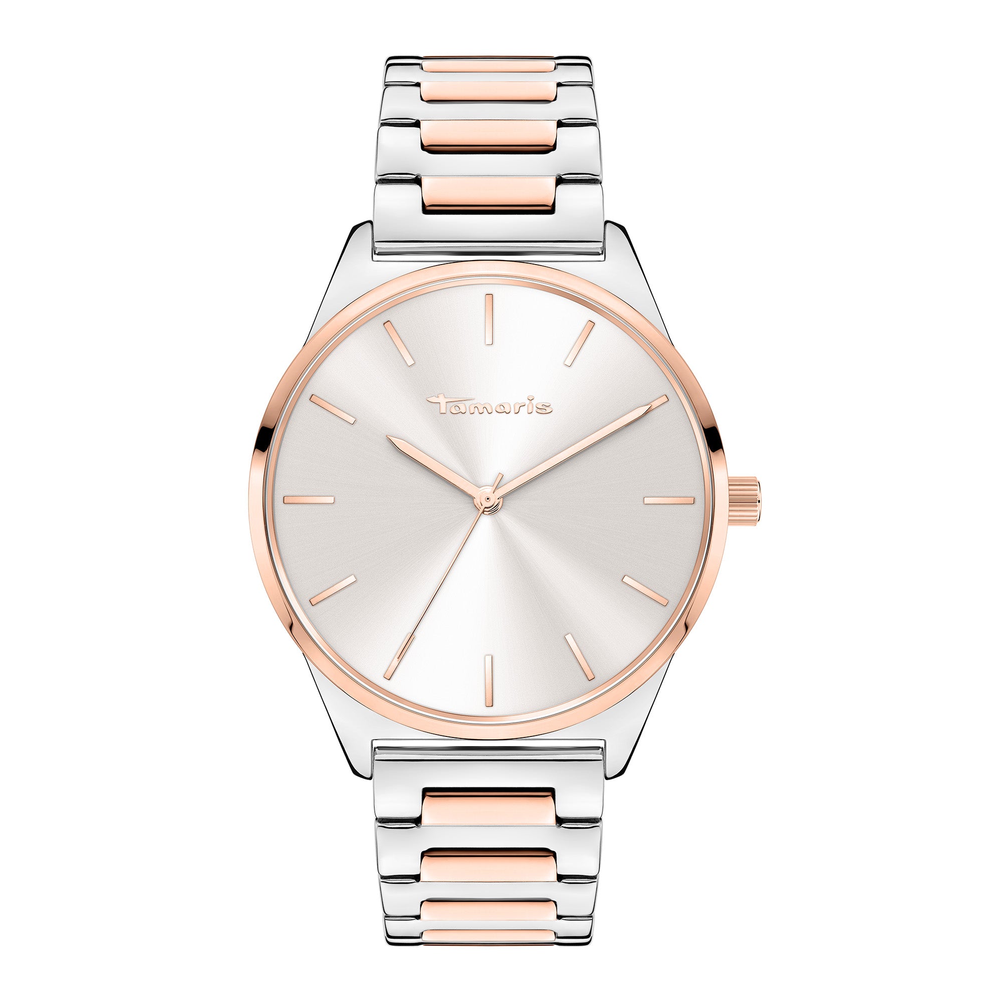Die Tamaris Armbanduhr - The Vintage Classic zeichnet sich durch ein minimalistisches Design mit silberner und roségoldener Oberfläche, silbernem Zifferblatt und einem eleganten Edelstahlarmband aus.