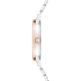 Seitenansicht der Tamaris Armbanduhr - The Vintage Classic, mit schlankem Gehäuse aus Silber und Roségold, Edelstahlband und elegantem silbernen Zifferblatt.