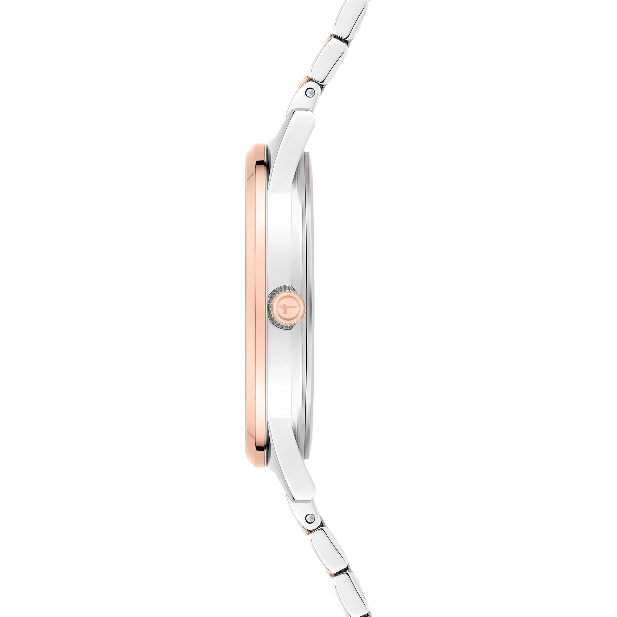 Seitenansicht der Tamaris Armbanduhr - The Vintage Classic, mit schlankem Gehäuse aus Silber und Roségold, Edelstahlband und elegantem silbernen Zifferblatt.
