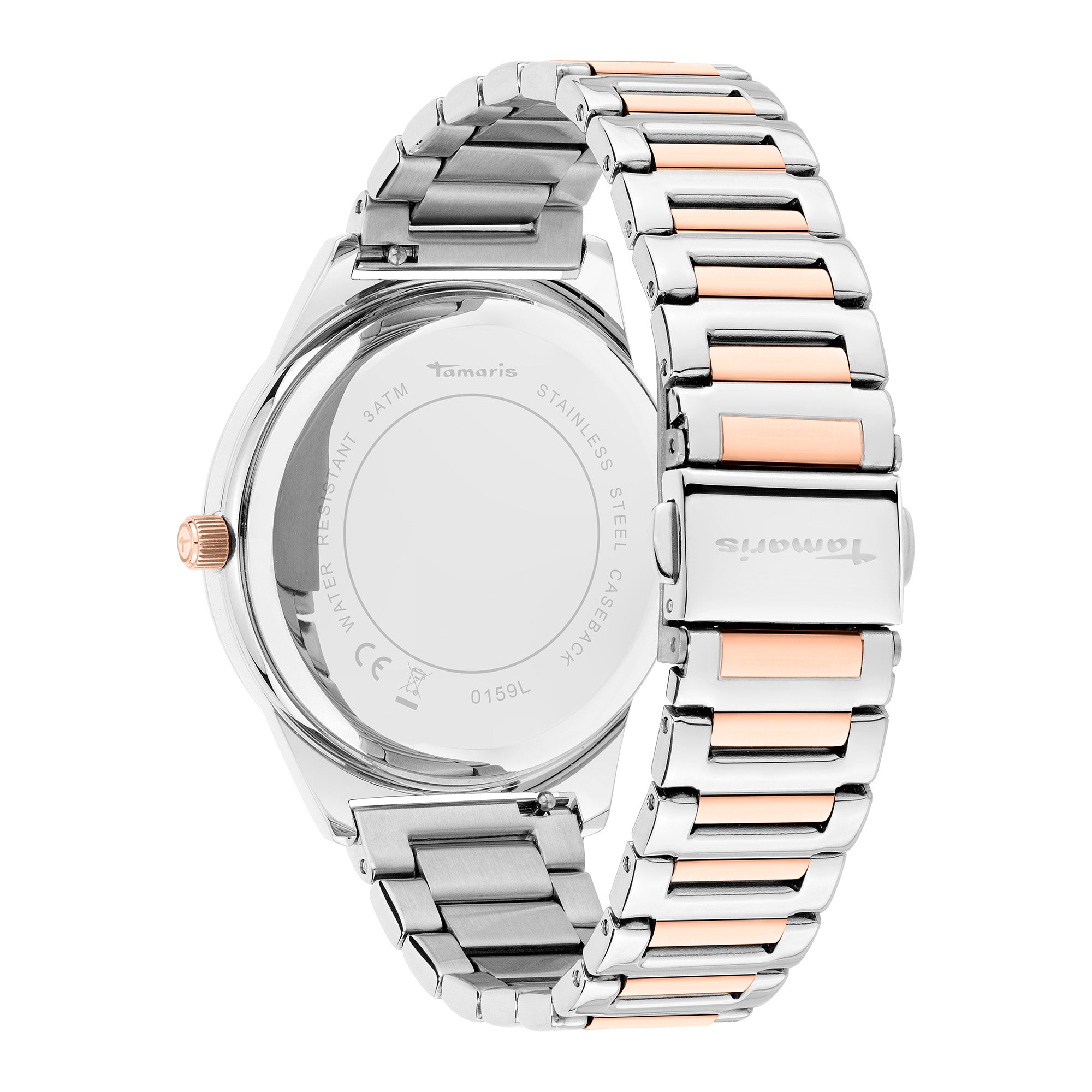 Rückansicht der Tamaris Armbanduhr - The Vintage Classic von Tamaris, mit einem silbernen Zifferblatt, einem eleganten Edelstahlarmband und einem gravierten Gehäuse.
