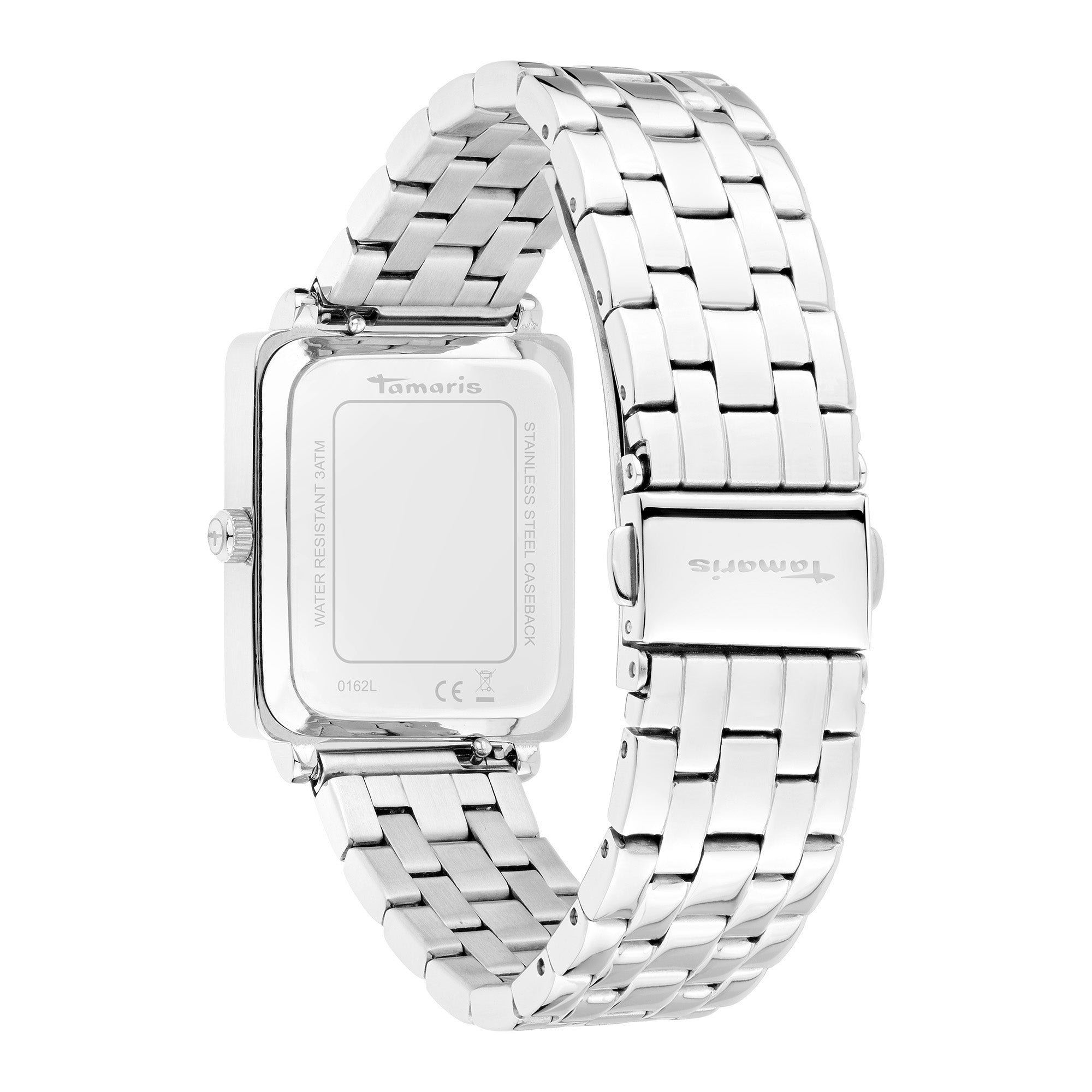 Rückansicht der Tamaris Armbanduhr - The Square, mit einem klassisch modernen rechteckigen Gehäuse und einem eleganten Edelstahlarmband als Gliederarmband.