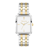 Die Tamaris Armbanduhr - The Square hat ein rechteckiges Gehäuse in Gold und Silber, ein weißes Zifferblatt und ein elegantes Edelstahlband von Tamaris.
