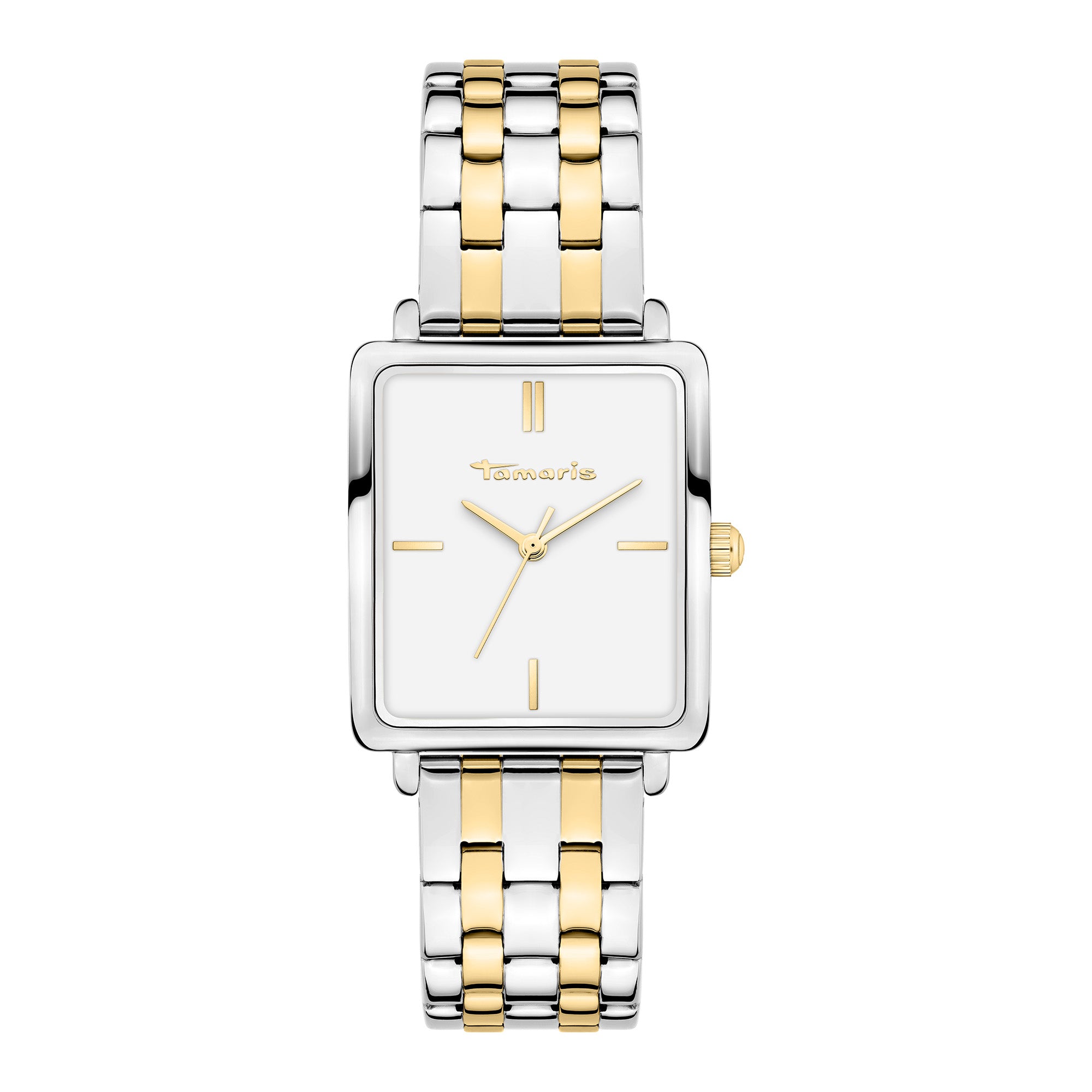 Die Tamaris Armbanduhr - The Square hat ein rechteckiges Gehäuse in Gold und Silber, ein weißes Zifferblatt und ein elegantes Edelstahlband von Tamaris.