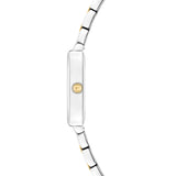 Seitenansicht der Tamaris Armbanduhr - The Square, mit einem schmalen silber- und goldfarbenen Edelstahlarmband und einer runden goldenen Krone auf dem quadratischen Gehäuse.