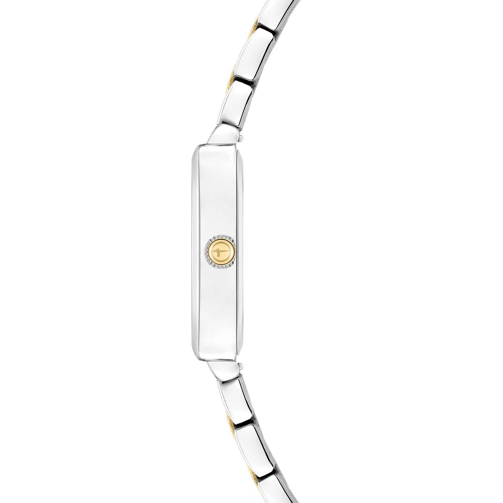 Seitenansicht der Tamaris Armbanduhr - The Square, mit einem schmalen silber- und goldfarbenen Edelstahlarmband und einer runden goldenen Krone auf dem quadratischen Gehäuse.
