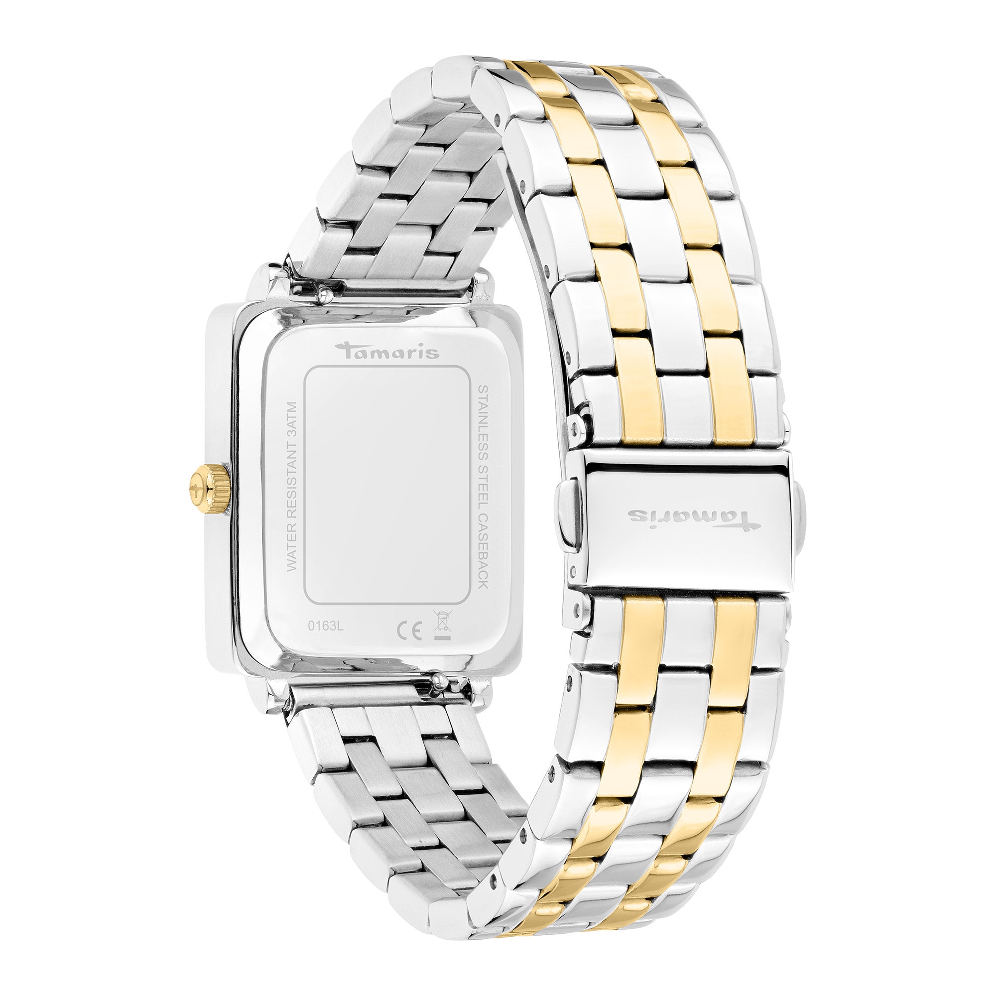 Rückansicht der Tamaris Armbanduhr - The Square: elegantes Edelstahlarmband, rechteckiges Gehäuse in Silber und Gold von Tamaris.