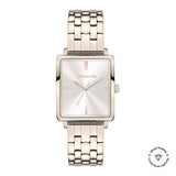 Die Tamaris Armbanduhr - The Square verfügt über ein quadratisches Gehäuse aus Roségold, ein silbernes Zifferblatt, ein elegantes Edelstahlarmband und ein markantes Tamaris-Branding auf dem Zifferblatt.