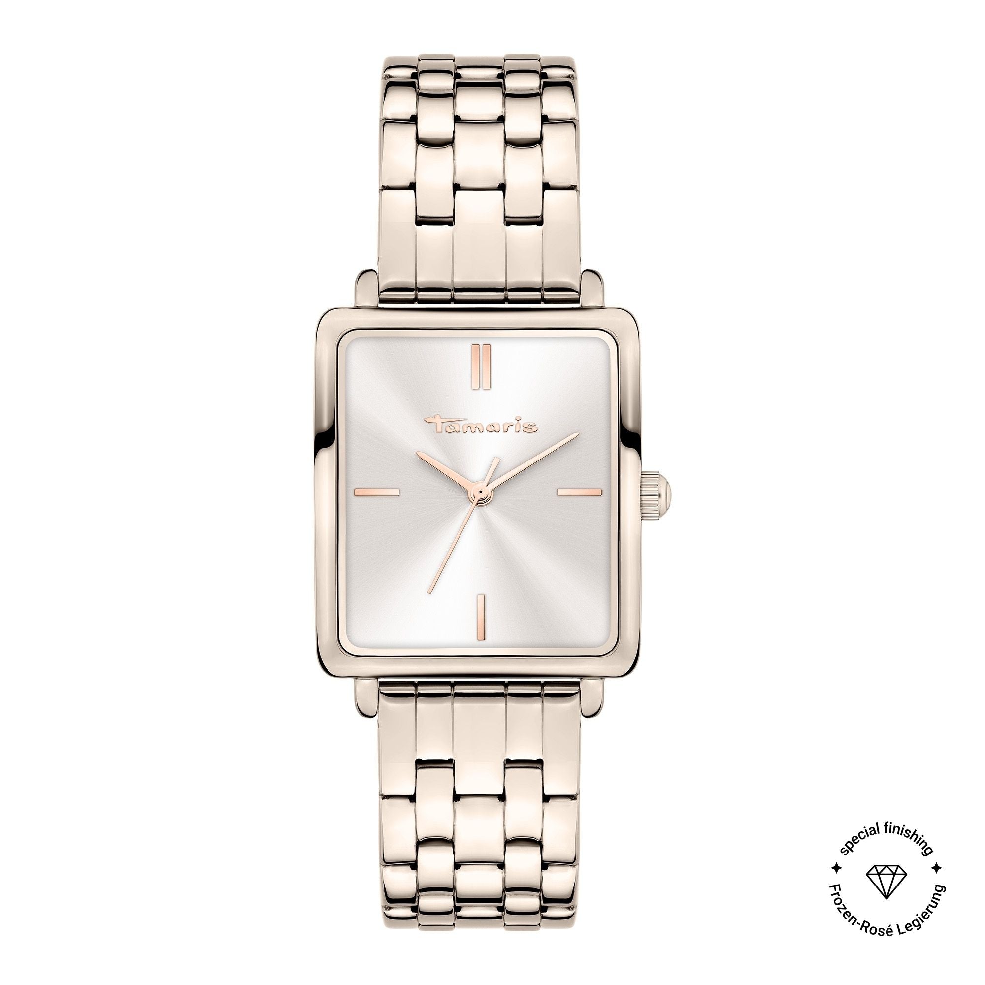 Die Tamaris Armbanduhr - The Square verfügt über ein quadratisches Gehäuse aus Roségold, ein silbernes Zifferblatt, ein elegantes Edelstahlarmband und ein markantes Tamaris-Branding auf dem Zifferblatt.