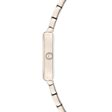 Seitenansicht der Tamaris Armbanduhr - The Square by Tamaris mit schlankem, eckigem Gehäuse, elegantem Edelstahlarmband und einer markanten Krone auf dem Gehäuse.