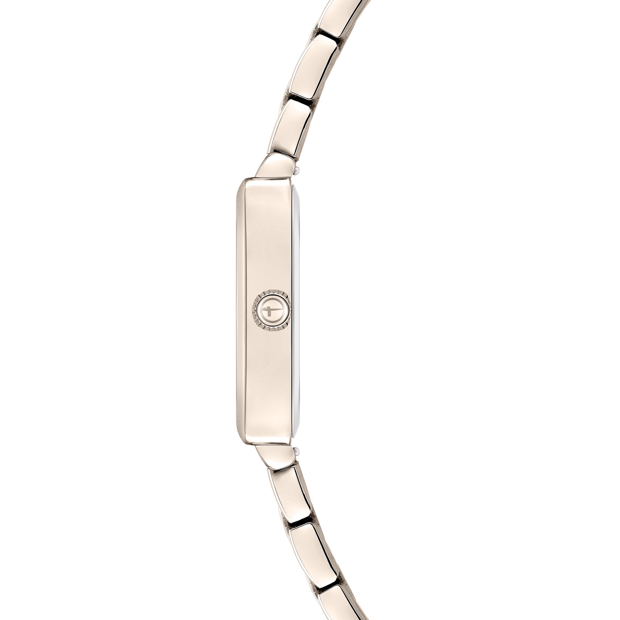 Seitenansicht der Tamaris Armbanduhr - The Square by Tamaris mit schlankem, eckigem Gehäuse, elegantem Edelstahlarmband und einer markanten Krone auf dem Gehäuse.