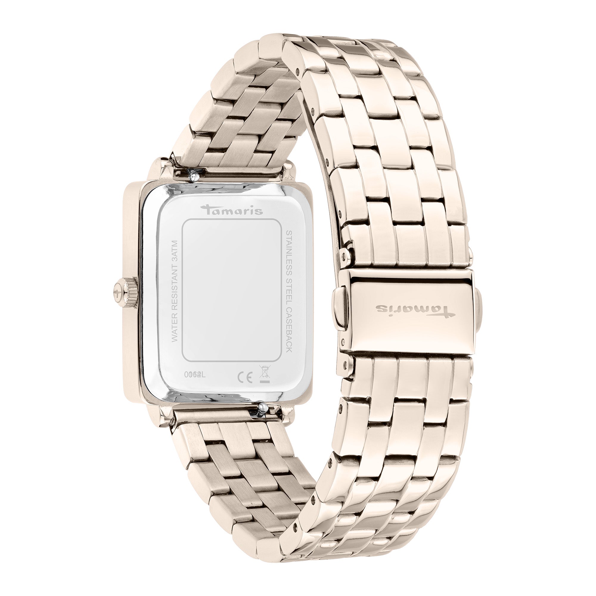 Die Tamaris Armbanduhr - The Square hat ein goldfarbenes, rechteckiges Zifferblatt, ein eckiges Gehäuse, einen Edelstahlboden und ein elegantes Edelstahlarmband.