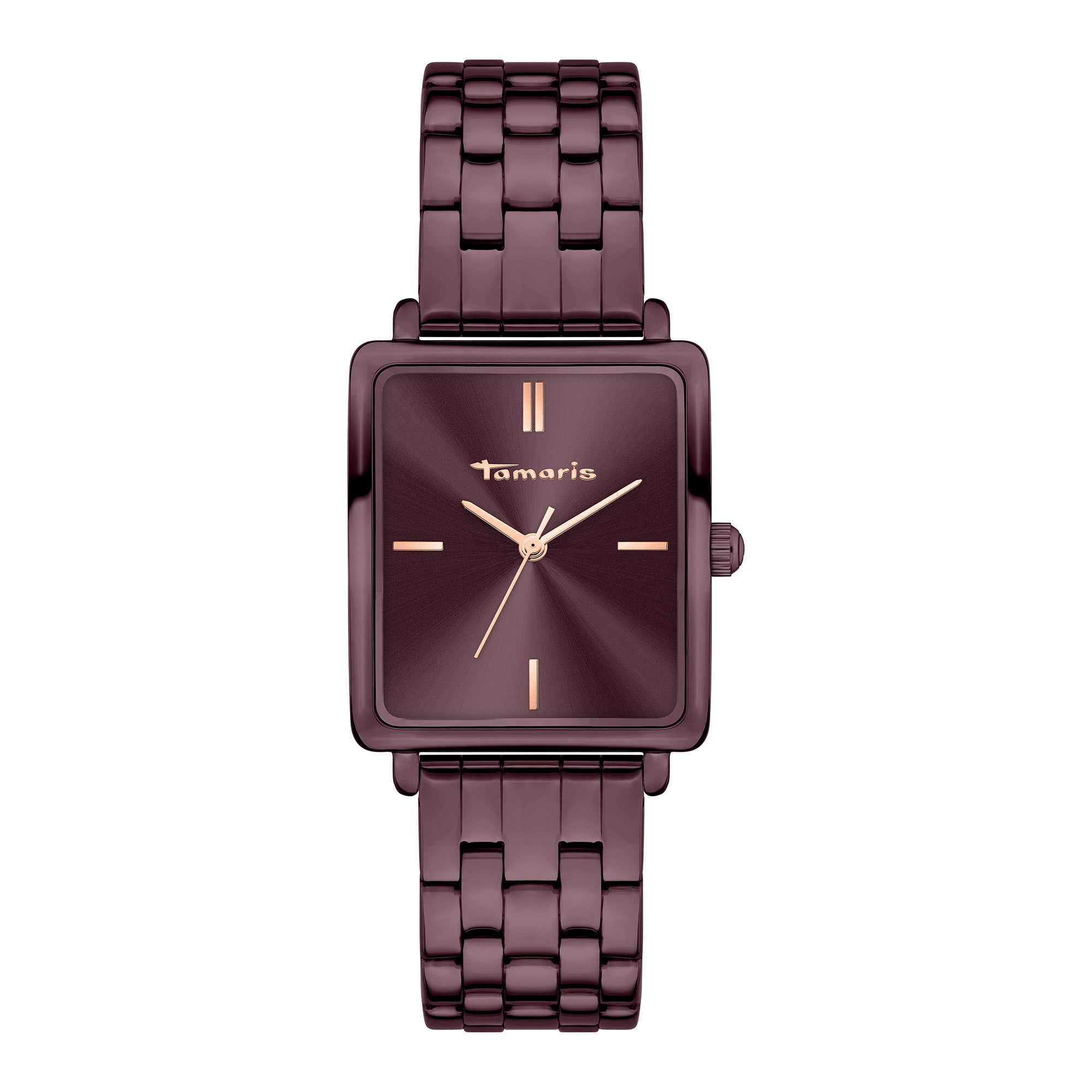 Die Tamaris Armbanduhr - The Colorful Square verfügt über ein quadratisches Metallzifferblatt mit goldenen Indexen, ein bordeauxfarbenes Armband, ein praktisches Wechselarmband für einfache Stilwechsel und das Tamaris-Logo auf dem Zifferblatt.