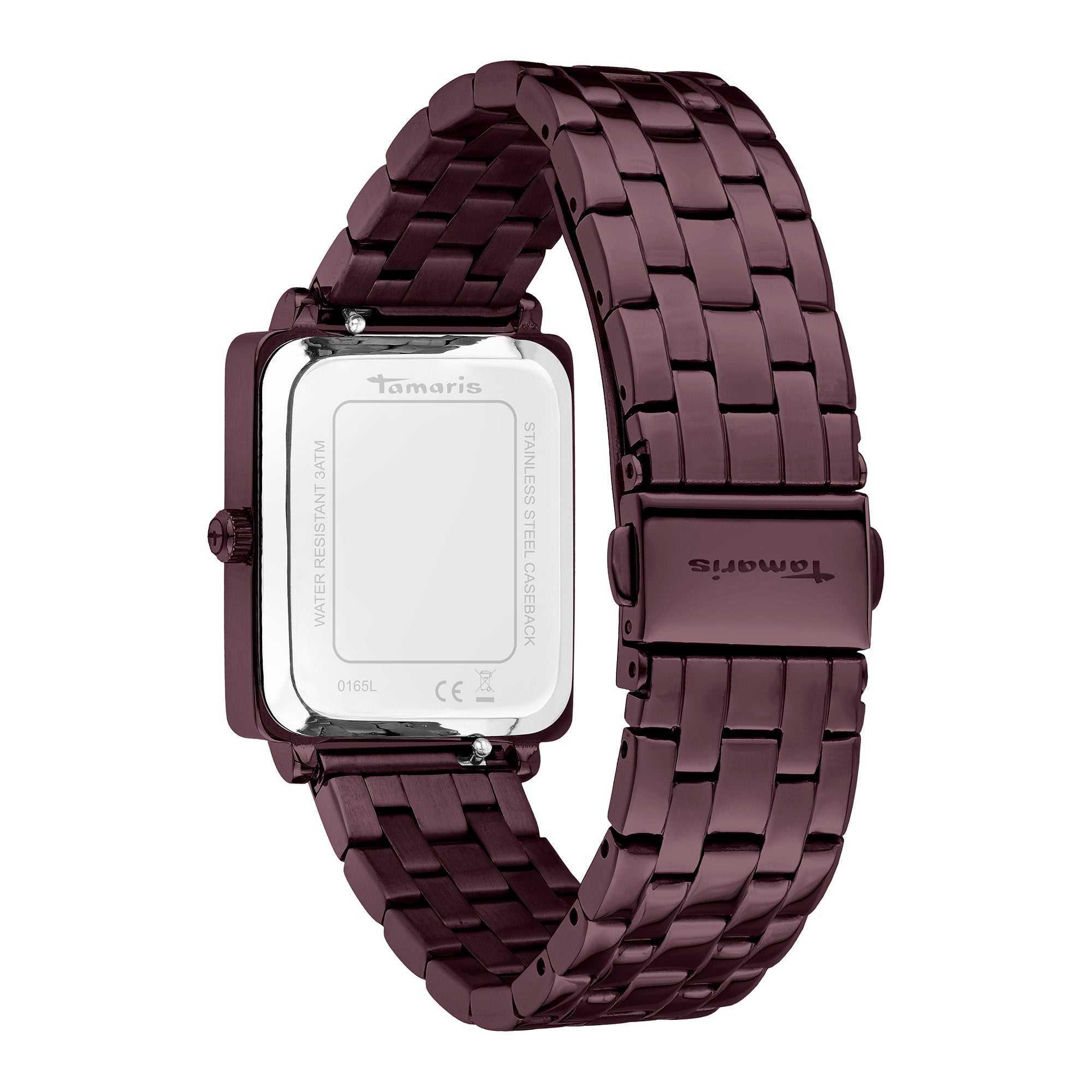 Die Rückansicht der Tamaris Armbanduhr - The Colorful Square zeigt ihr kastanienbraunes Design mit einem Edelstahlgehäuse und einem eleganten Edelstahlarmband von Tamaris.