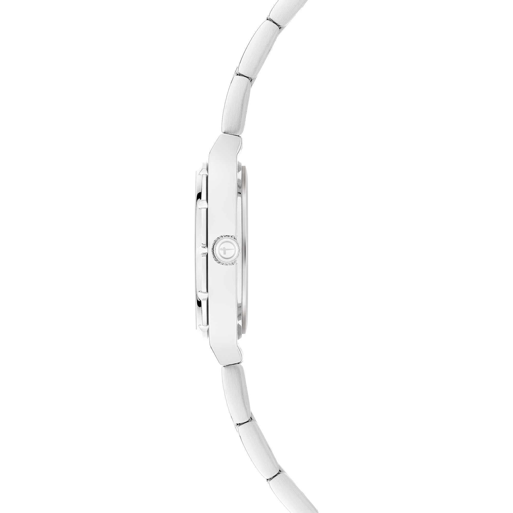 Seitenansicht einer silbernen Tamaris Armbanduhr - The Cool One mit Edelstahlarmband und sichtbarer Krone, dargestellt auf weißem Hintergrund.