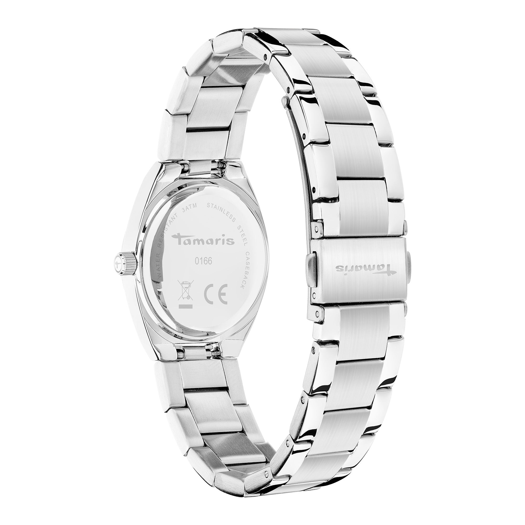 Die Tamaris Armbanduhr - The Cool One verfügt über ein silbernes Edelstahlband, das das Gehäuse und die Schließe auf der Rückseite zur Geltung bringt.