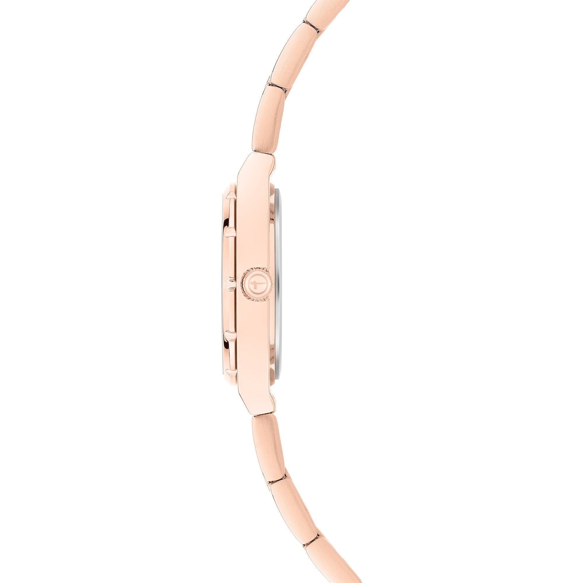 Seitenansicht der Tamaris Armbanduhr - The Cool One, eine schlanke roségoldene Damenuhr von Tamaris mit minimalistischem Design, Metallgliederband und runder Krone.