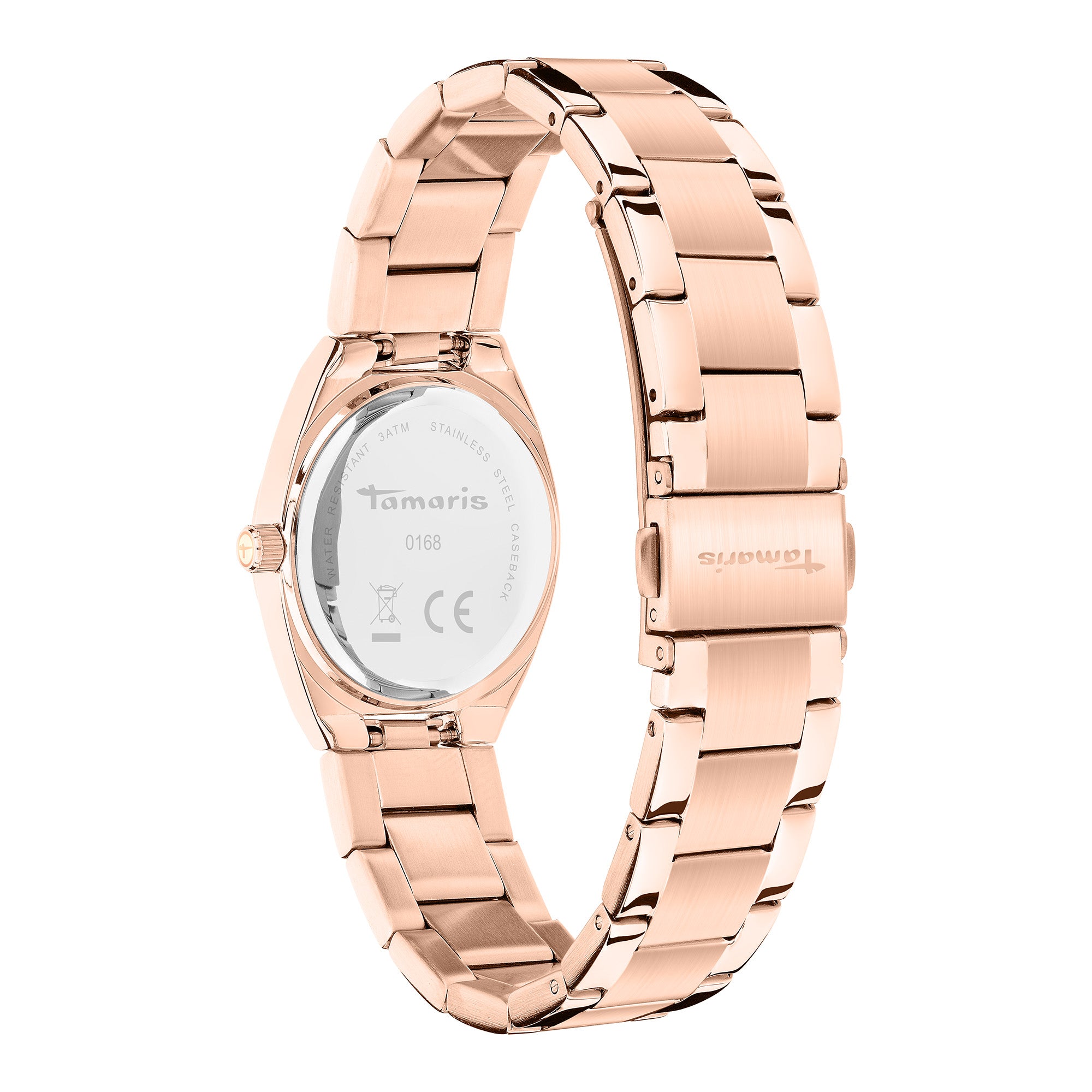 Die roségoldene Tamaris Armbanduhr - The Cool One mit minimalistischem Design, Edelstahlarmband, Rückseite und Verschluss - zeigt stilvoll den Markennamen.