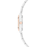 Seitenansicht der Tamaris Armbanduhr - The Cool One in Silber von Tamaris, mit roségoldener Krone und stylischem Edelstahlarmband auf weißem Hintergrund.