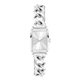 Die Tamaris Armbanduhr - Chain Watch hat ein silbernes, rechteckiges Gehäuse, ein klobiges Armband im Panzerkettendesign und ein minimalistisches Zifferblatt mit der Zeitanzeige 10:09.