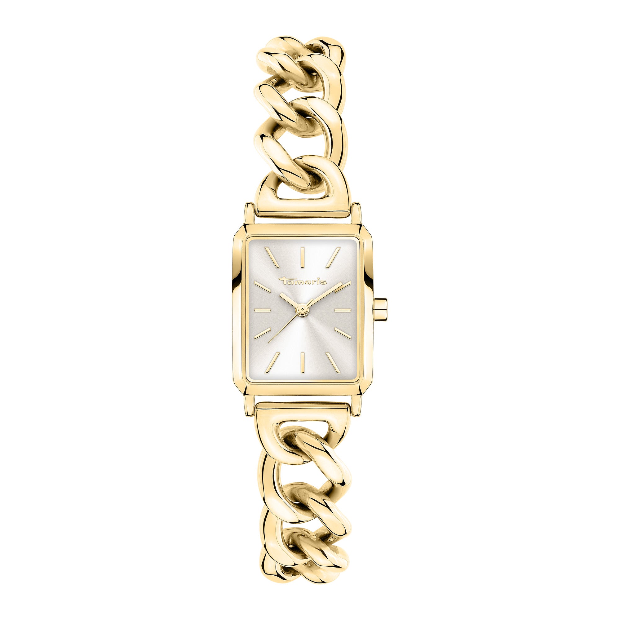 Die Tamaris Armbanduhr - Chain Watch besticht mit rechteckigem, goldfarbenem Gehäuse, klobigem Chain-Link-Band und schlichtem weißen Zifferblatt - die perfekte Damen Uhr für stilbewusste Auftritte.