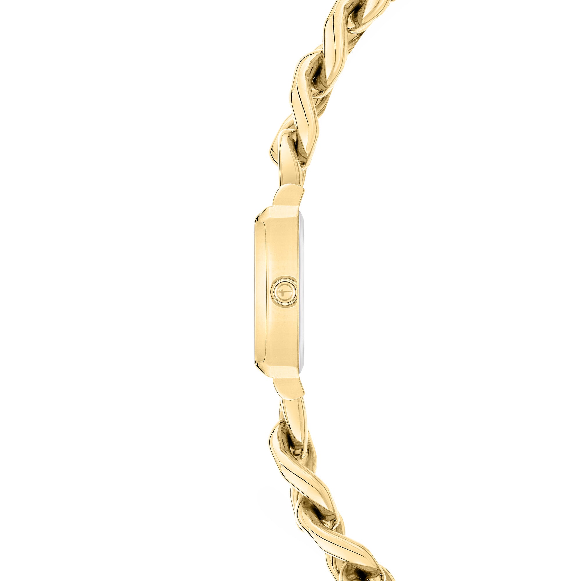Seitenansicht der Tamaris Armbanduhr - Chain Watch von Tamaris, die das goldene, gedrehte Band und die runde Krone auf dem Gehäuse zeigt.
