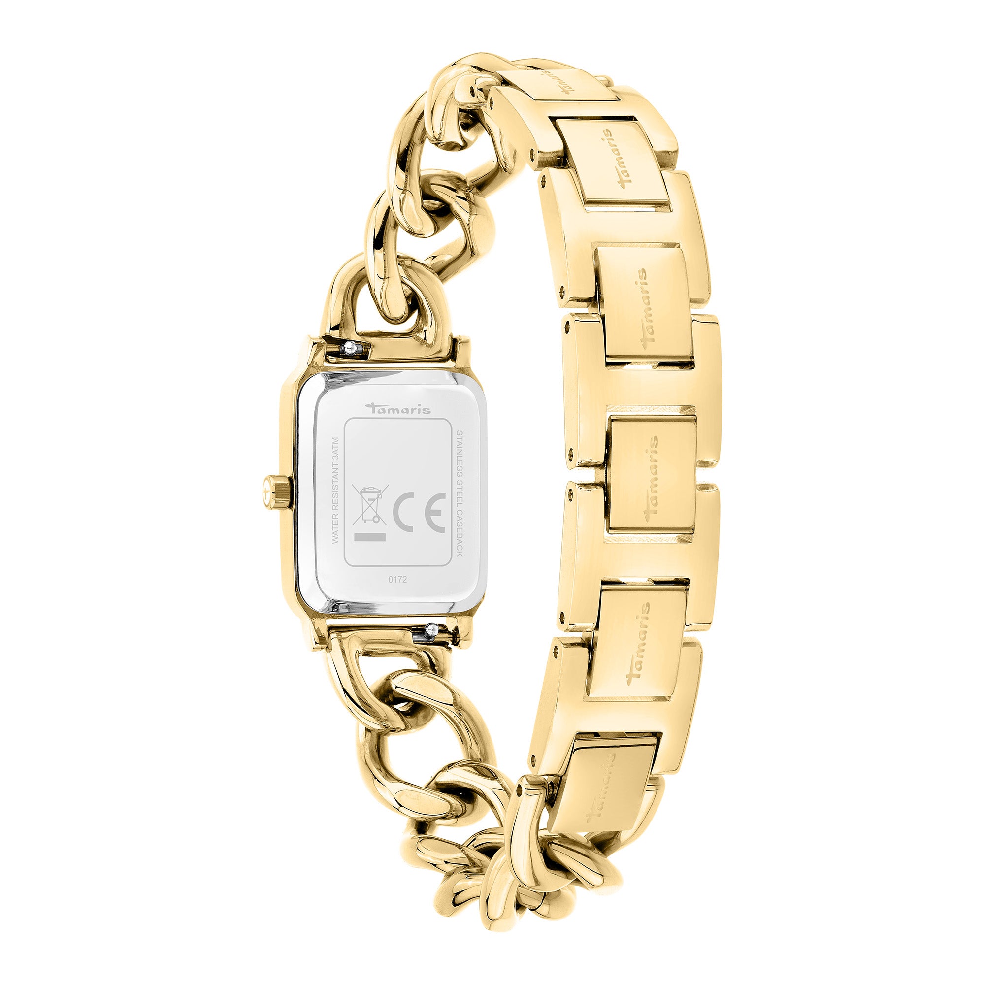 Die Tamaris Armbanduhr - Chain Watch der Marke Tamaris mit rechteckigem Mini-Gehäuse und Kettengliederarmband ist auf der Rückseite abgebildet.