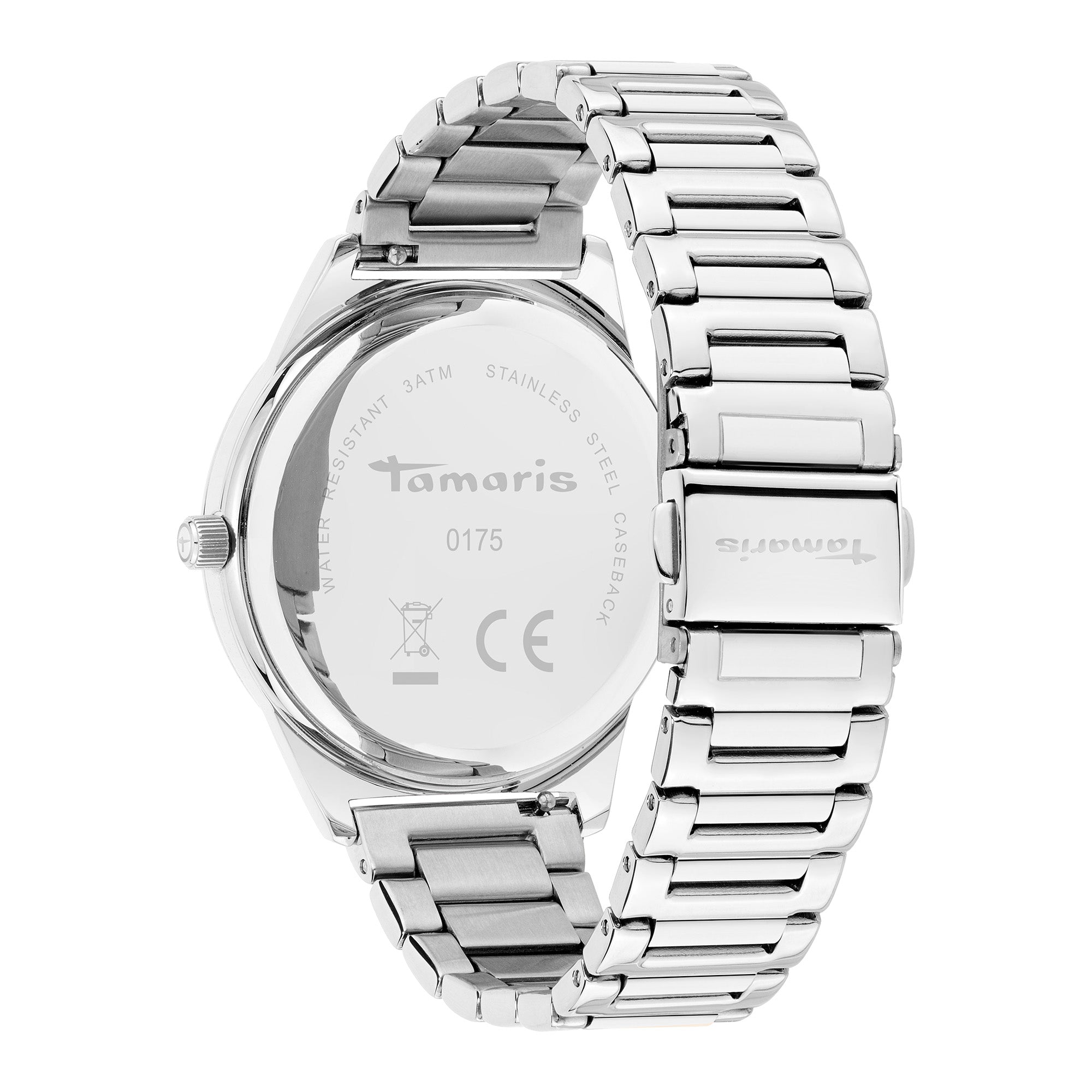 Rückansicht der silbernen Tamaris Armbanduhr - Basic Elegance mit Tamaris-Gravur auf der Edelstahlschließe und dem Gehäuseboden.