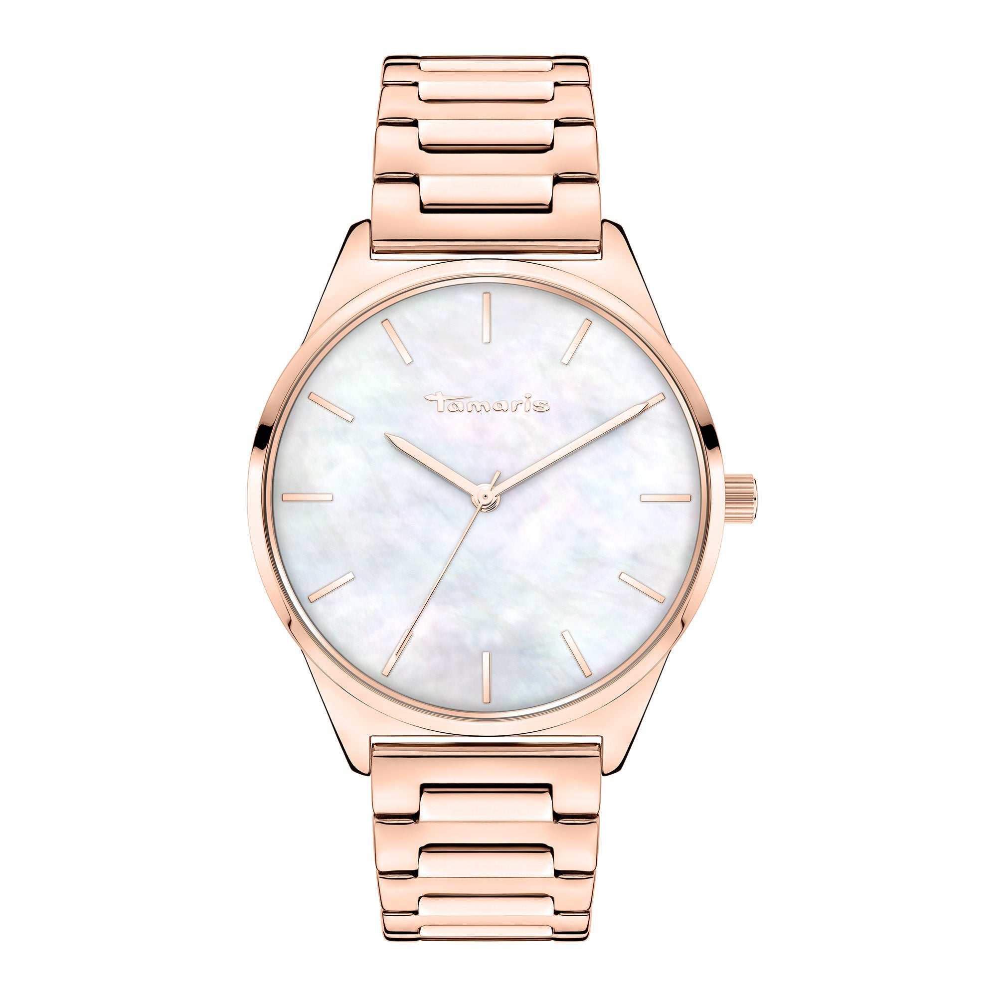 Die Tamaris Armbanduhr - Basic Elegance überzeugt mit roségoldenem Metallgliederarmband und weißem Perlmutt-Zifferblatt, von vorn betrachtet.