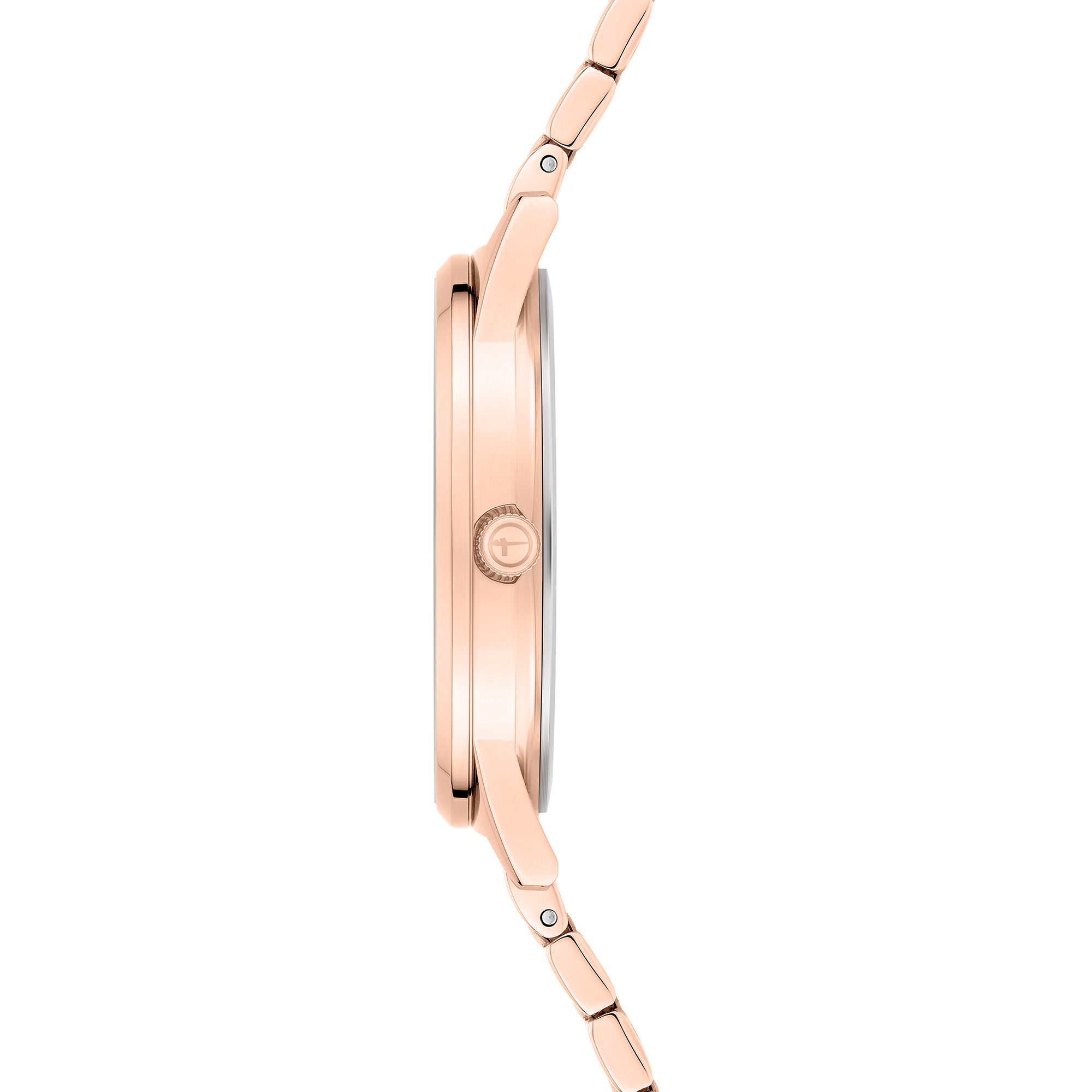 Seitenansicht der Tamaris Armbanduhr - Basic Elegance by Tamaris in Roségold, mit Metallband, strukturierter Krone und Perlmutt-Zifferblatt auf weißem Hintergrund.
