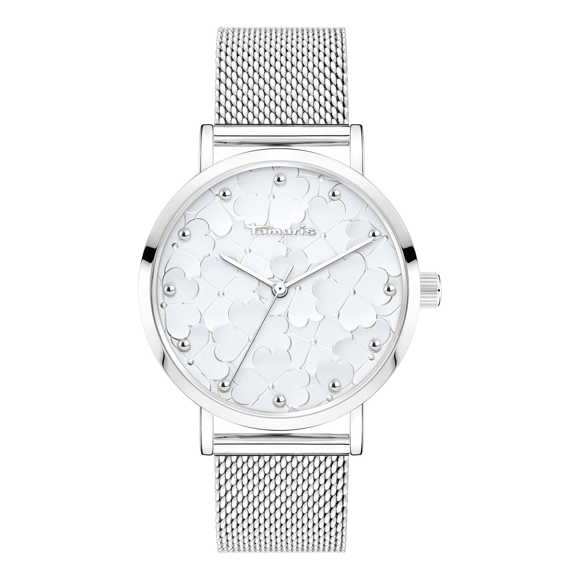 Die Tamaris Armbanduhr - Clover verfügt über ein silbernes Meshband, ein weißes Zifferblatt mit dezentem Herzmuster und minimalistische Stundenmarkierungen.