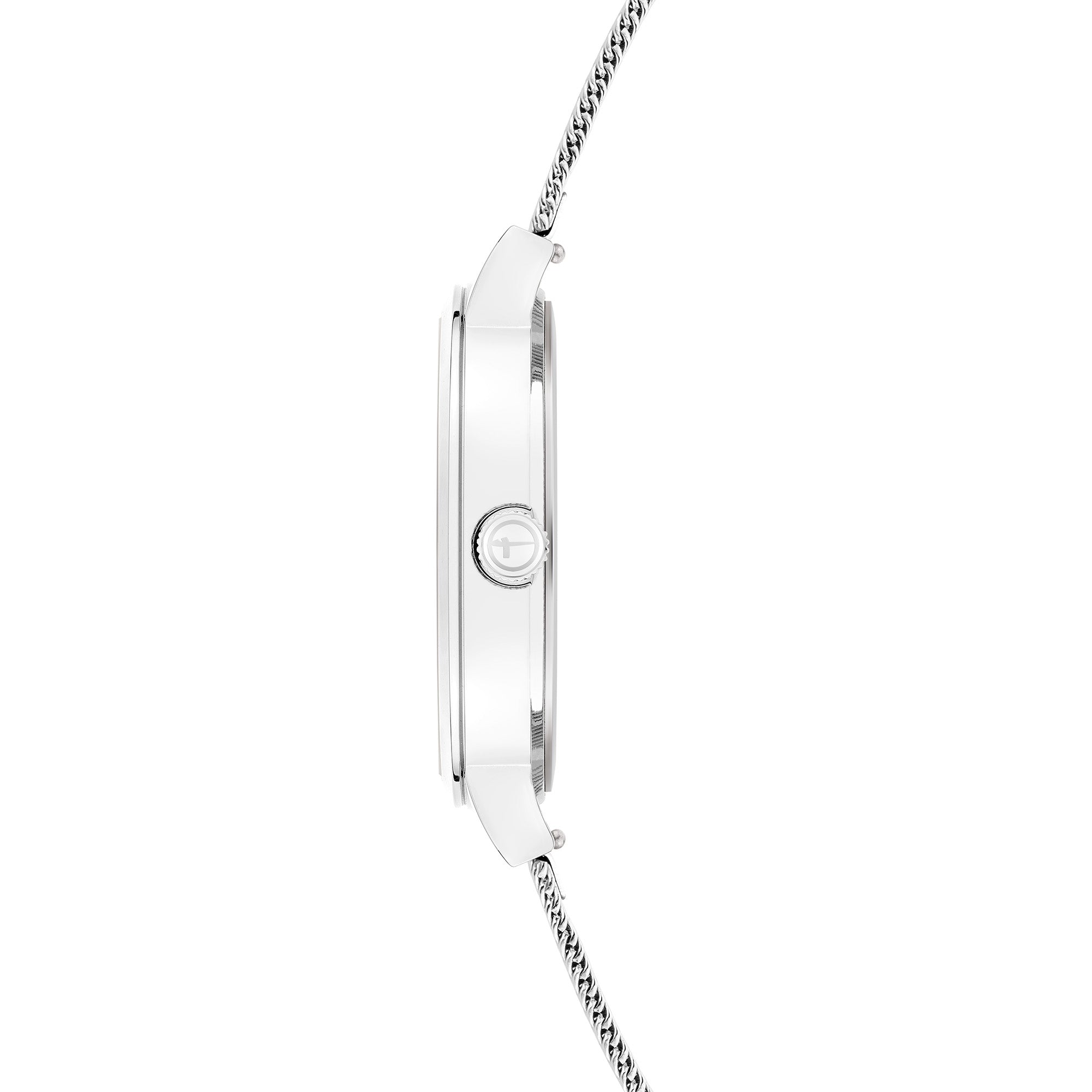 Seitenansicht der Tamaris Armbanduhr - Clover, einer silbernen Damenuhr von Tamaris, mit rundem Gehäuse und schlichtem Netzband für moderne Eleganz.