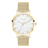 Die Tamaris Armbanduhr - Clover hat ein goldenes Netzband, ein weißes Zifferblatt mit dezentem Herzmuster, ein florales Zifferblatt und elegante goldene Zeiger.